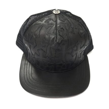 Chrome Hearts Cemetery Cross Leather Stitched Trucker Hat – Black